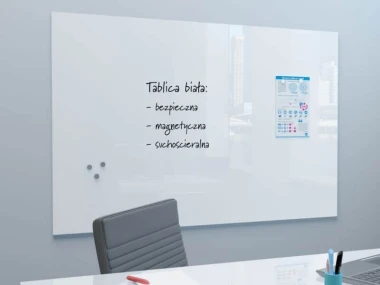 White magnetic glass board 90x60cm - Office setup with light-colored walls and modern furniture.