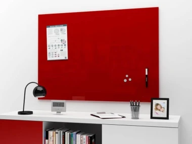 Magnetic glass board in any RAL color, 200x100cm - Office setup with white walls and modern furniture.