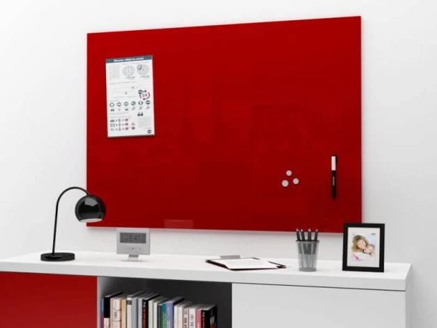 Magnetic glass board in any RAL color, 100x180cm - Office setup with light walls and white furniture.
