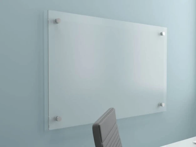 Frosted transparent glass board 120x240cm - Office setup with light blue walls and modern furniture.