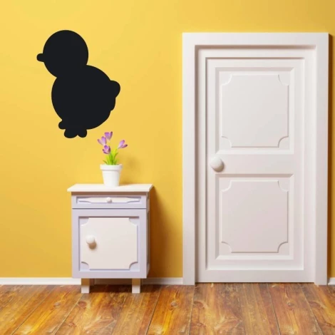 Chalk sticker for kids, duck design - styled in a yellow room with wooden floor and furniture.