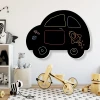 Chalkboard car design for kids\' room. Bright walls and natural wood furniture create a cheerful atmosphere.