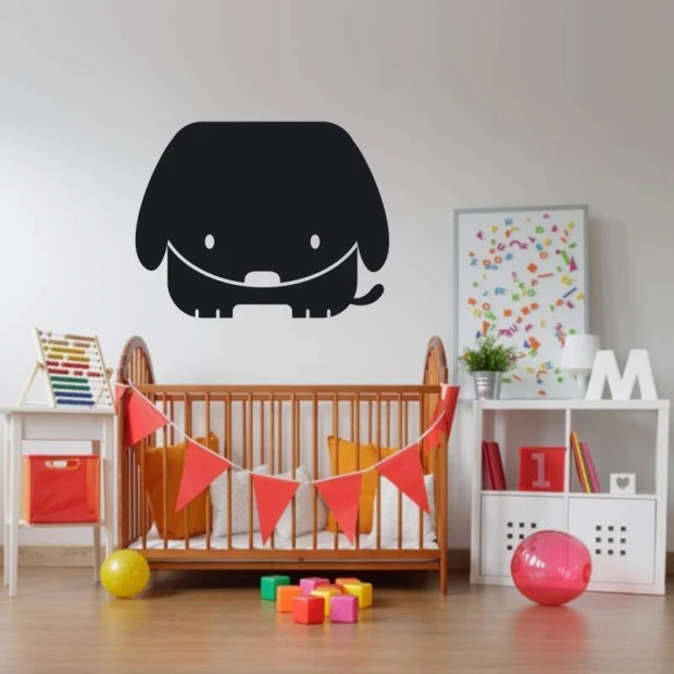Chalk sticker for kids featuring a dachshund, perfect for bright children\'s rooms with pastel furniture.