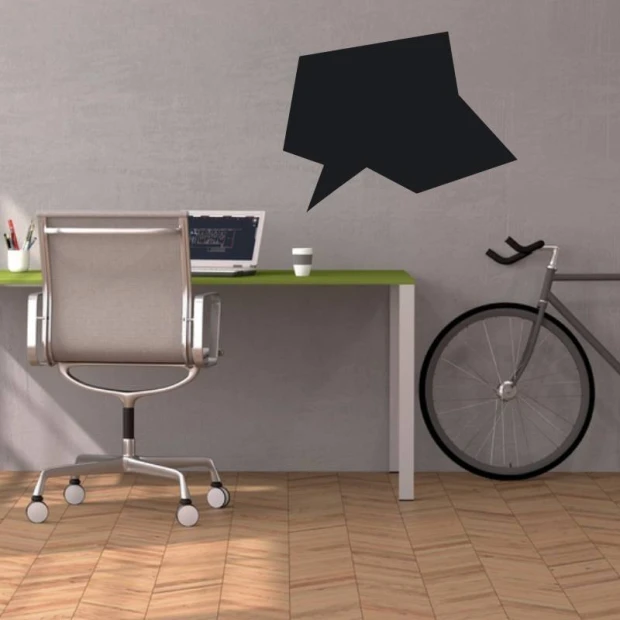 Chalk sticker for office decor - gray walls, wooden floor, green table.