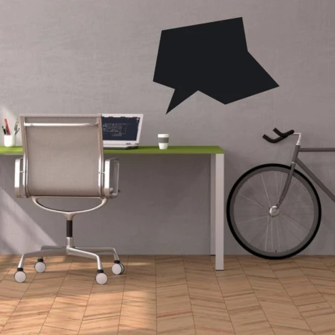 Chalk sticker for office decor - gray walls, wooden floor, green table.