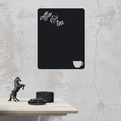 Chalkboard sticker for restaurant menu, coffee and tea design. Black rectangle with "coffee & tea" text.
