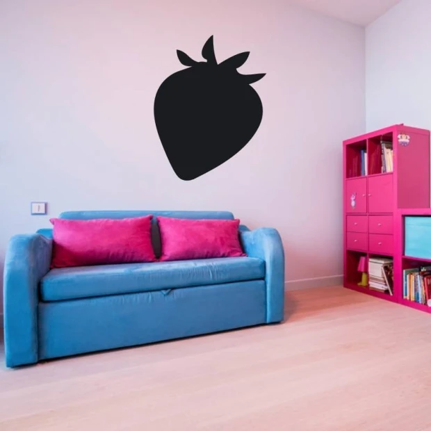 Chalk sticker in the kitchen featuring strawberries. Light-colored walls and blue-toned furniture.