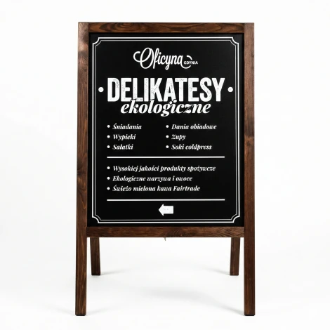 Chalkboard A-frame with custom print - Restaurant setup. Light-colored walls, tiled floor.