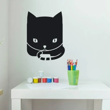 Chalk sticker for kids featuring a black cat with big eyes holding a pencil.