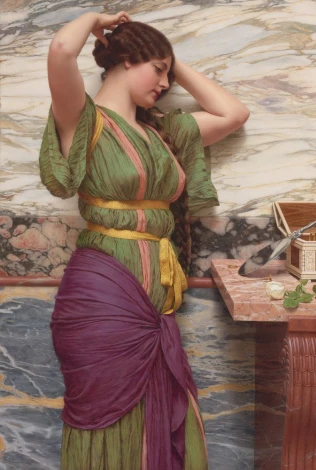 A Fair Reflection reproduction by William Godward - Graphic design. Woman in a colorful tunic by a marble table.