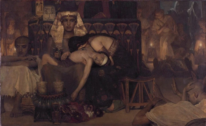 Reproduction of Death of the Pharaoh\'s Firstborn Son by Lawrence Alma-Tadema - Graphic design featuring a mother and child.