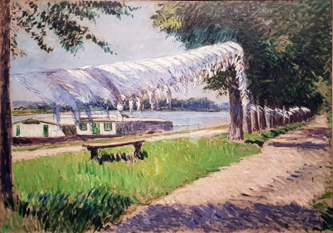 Reproduction of Drying Laundry on the Banks of the Seine by Gustave Caillebotte - Graphic design print depicting laundry.