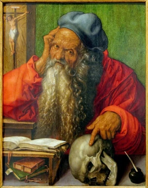 Reproduction of St. Jerome by Albrecht Dürer. A bearded man in a red cloak points.
