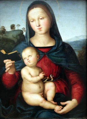 Reproduction of Madonna and Child 1502 by Raphael - Graphic design featuring Madonna and Child with a landscape background.
