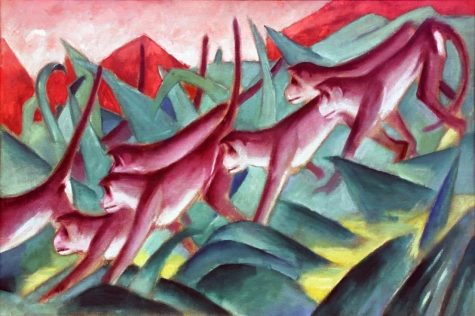 Monkey Frieze reproduction by Franz Marc. Red monkeys move among green shapes.