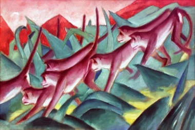 Monkey Frieze reproduction by Franz Marc. Red monkeys move among green shapes.