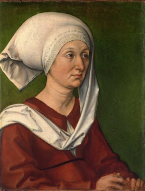 Reproduction of Albrecht Durer\'s Portrait of his Mother Barbara. Woman in red attire with white details.