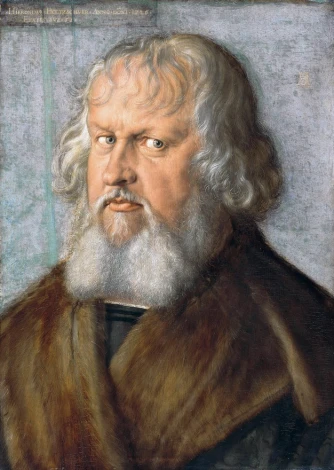 Reproduction of Portrait of Hieronymus Holzschuher by Albrecht Durer. Man with gray beard and hair.