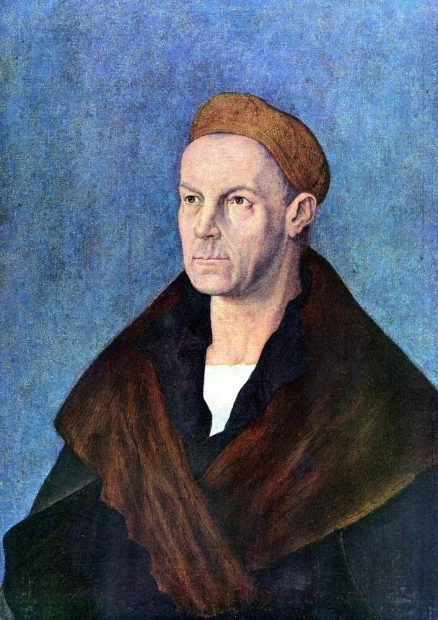 Reproduction of Portrait of Jakob Fugger by Albrecht Durer. Man in a brown coat against a dark background.