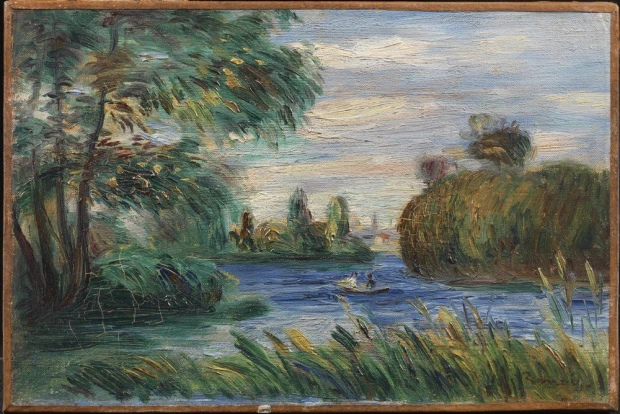 River Landscape reproduction by Renoir, 1887 - Styled in a living room with light walls and wooden furniture.