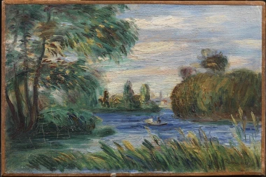 River Landscape reproduction by Renoir, 1887 - Styled in a living room with light walls and wooden furniture.