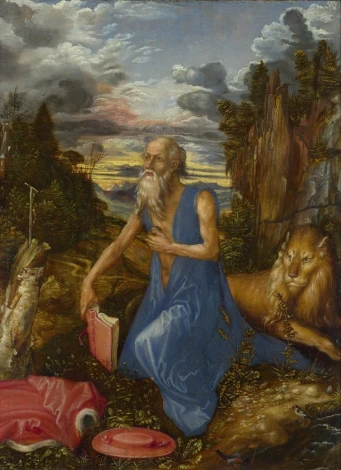 Reproduction of Saint Jerome by Albrecht Durer. Man in blue robe with a book next to a lion. Background included.