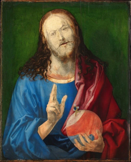 Salvator Mundi reproduction by Albrecht Durer. Depicts a man with long hair in a blue robe.