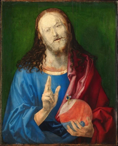 Salvator Mundi reproduction by Albrecht Durer. Depicts a man with long hair in a blue robe.