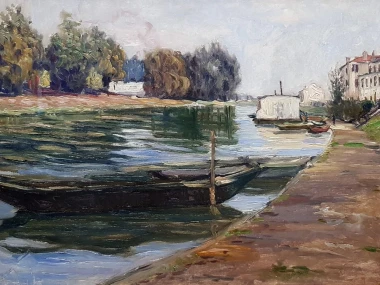 Reproduction of The Banks of the Seine by Gustave Caillebotte. The image features a river with boats and trees.