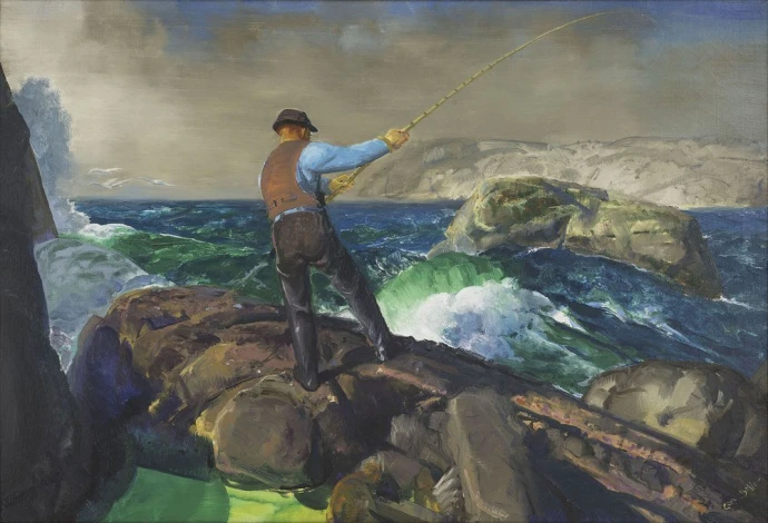 Reproduction of The Fisherman by George Bellows - A man fishing on rocks with waves and mountains in the background.
