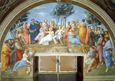 Reproduction of The Parnassus by Raphael - Graphic design featuring figures in various poses surrounded by trees.