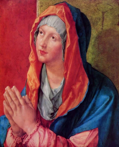 Reproduction of The Virgin Mary in Prayer by Albrecht Durer - Graphic design featuring the Mother of God in prayer.