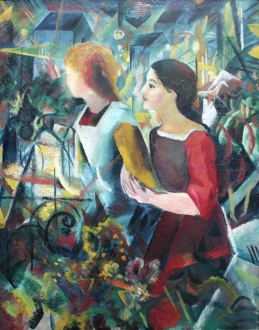 Reproduction of Two Girls by August Macke - Graphic design featuring two figures in motion, surrounded by colorful shapes and greenery.