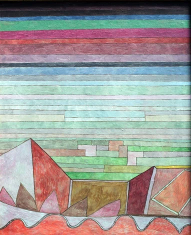 Reproduction of Paul Klee\'s View into the Fertile Country. Graphic pattern with geometric shapes in shades of red and green.