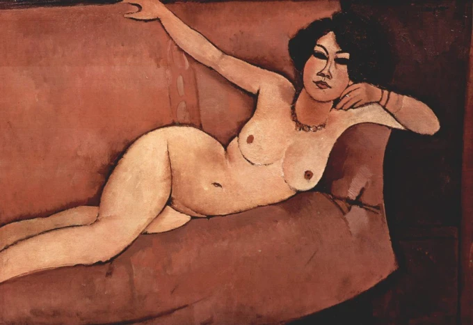 Reproduction of Almaiisa\'s nude on sofa by Amedeo Modigliani. A female figure reclines on a couch with clear outlines.