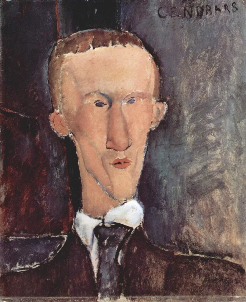 Reproduction of Blaise Cendrars by Amedeo Modigliani. Graphic design featuring a man with an elongated face in a dark suit.