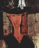 Reproduction of Dame mit Hut by Amedeo Modigliani - Graphic design featuring a woman with a long neck in a black hat.
