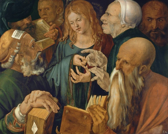 Reproduction of Jesus among the Doctors as a child debating in the temple, Albrecht Durer - Graphic design pattern.