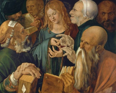 Reproduction of Jesus among the Doctors as a child debating in the temple, Albrecht Durer - Graphic design pattern.