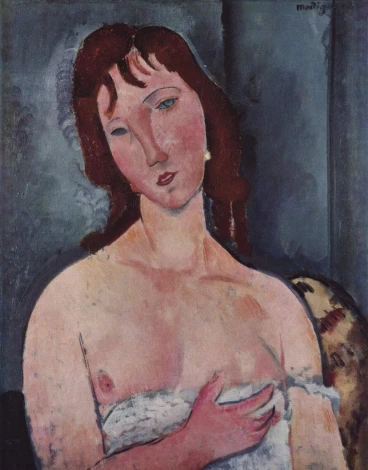 Reproduction of Junge Frau by Amedeo Modigliani. Woman with long hair in soft shades of pink.