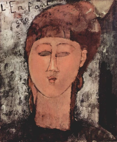 Reproduction of L\'enfant gras by Amedeo Modigliani - Graphic design featuring a stylized woman\'s face with closed eyes.