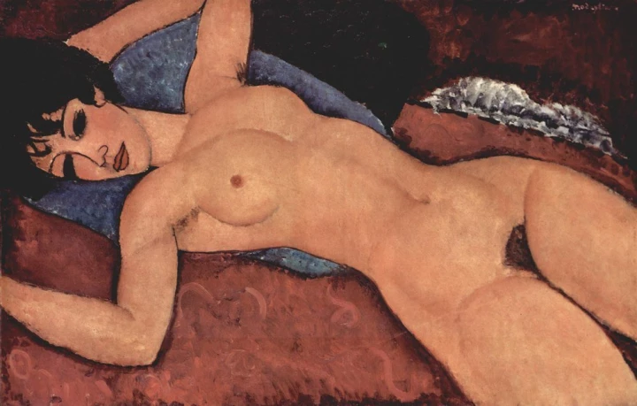 Reproduction of Liegender Akt by Amedeo Modigliani. Figure reclining against a backdrop of red and blue shades.