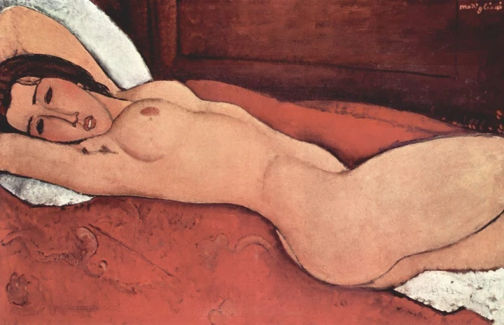 Reproduction of Liegender Akt by Amedeo Modigliani, featuring a nude woman with arms crossed behind her head.