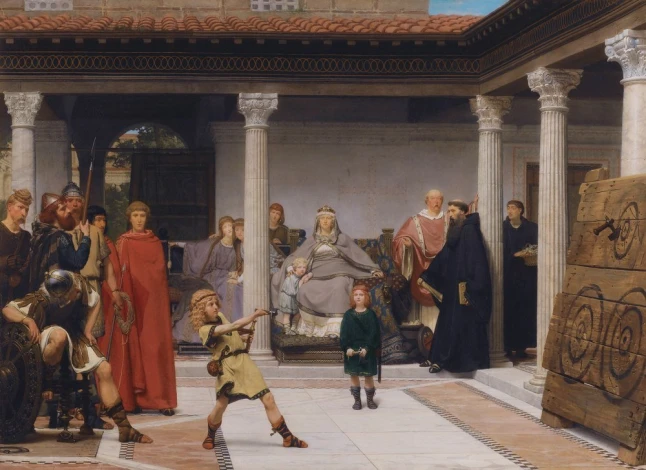 Reproduction of "Education of Children" by Lawrence Alma-Tadema, set in an ancient building interior. Walls.