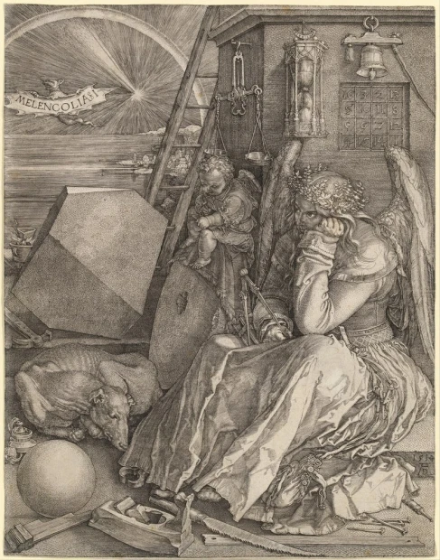 Melencolia reproduction by Albrecht Dürer - Graphic design featuring an angel in robes, tools, and geometric shapes.