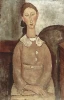 Reproduction of Madchen in Yellow Dress by Amedeo Modigliani. Woman in a dress with hands on the table, simple design.