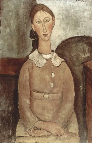 Reproduction of Madchen in Yellow Dress by Amedeo Modigliani. Woman in a dress with hands on the table, simple design.