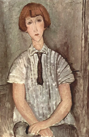 Reproduction of Madchen mit Bluse by Amedeo Modigliani. Female figure in a white blouse with a dark tie.