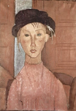 Reproduction of Madchen mit Hut by Amedeo Modigliani. Female figure with a light hat and simple face design.