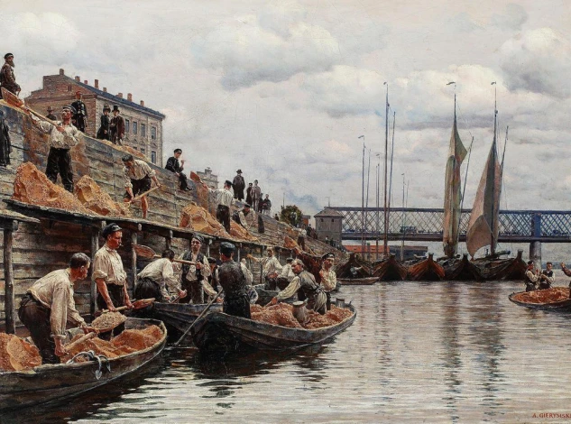 Reproduction of "Sand Workers" by Aleksander Gierymski. The image depicts people loading boats.